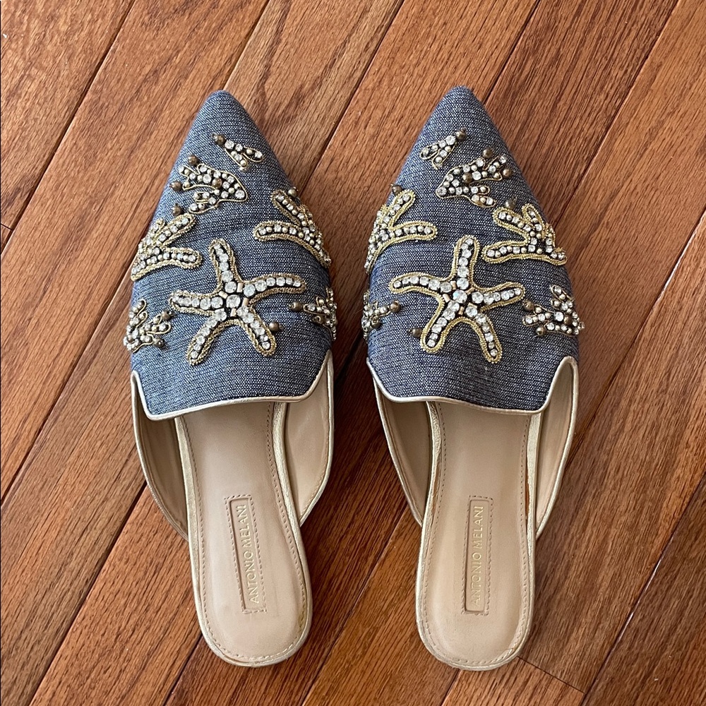 ANTONIO MELANI Denim Embellished Pointed Toe Mules with Gold Bead Detail